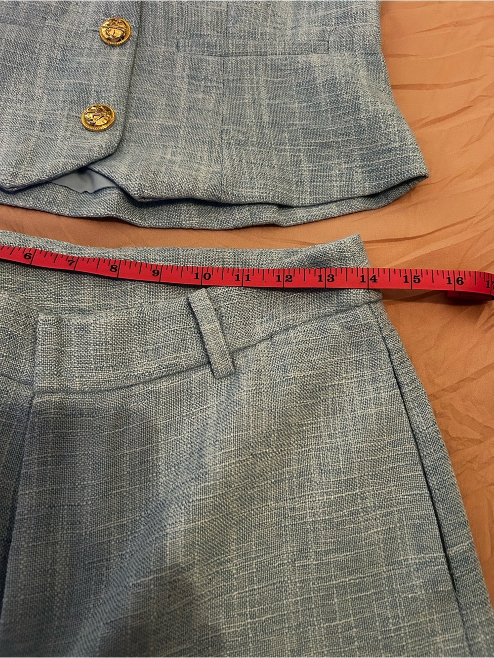 Commense Light Blue Textured Vest and Pants Set with Gold Buttons. Size M. - Picture 8 of 16